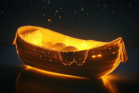 A bright and imaginative boat filled with soft cushions, glowing warmly against a starry night backdrop.の写真素材
