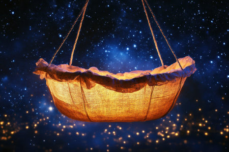 A cozy cradle hangs delicately, glowing softly amidst a backdrop of twinkling stars and distant lights.の写真素材