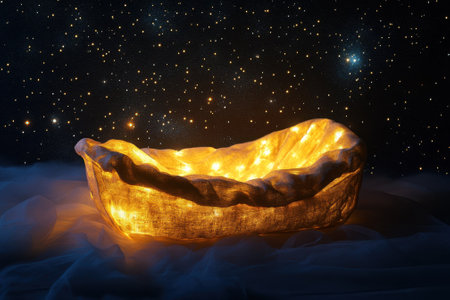 A basket lined with soft cloth holds warm string lights, illuminating the surroundings under a starlit sky.の写真素材