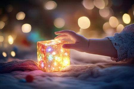 A child's hand explores a colorful illuminated cube surrounded by soft textures and twinkling lights.の写真素材