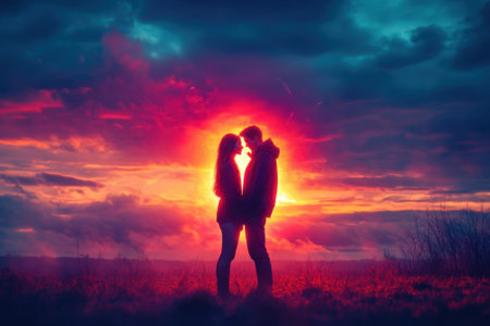 A couple embraces during a vibrant sunset, silhouetted against a colorful sky filled with clouds.の写真素材