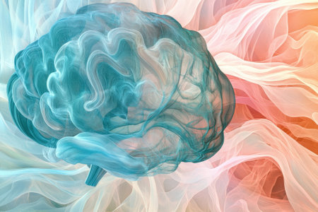 Vibrant visual of a brain floating amidst flowing, colorful waves creating a surreal atmosphere.の写真素材