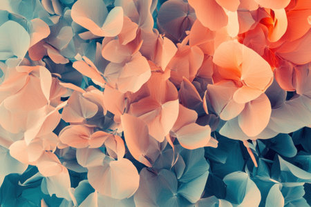 Blue and peach petals blend artistically, creating a tranquil floral pattern.の写真素材