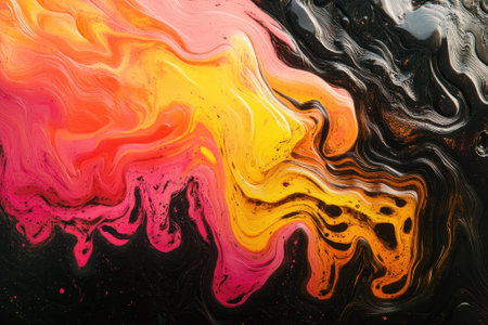 Bright hues of red, orange, and yellow swirl together against a dark backdrop, creating an energetic design.の写真素材