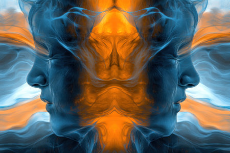 Vivid abstract artwork showcases two profiles facing each other in contrasting colors of blue and orange.の写真素材