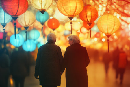 An elderly couple walks hand-in-hand through a bustling market filled with colorful lanterns during the evening.の写真素材