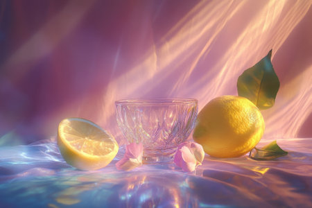 A translucent glass bowl sits next to a vibrant lemon and a halved lemon, adorned with soft petals and gentle light.の写真素材