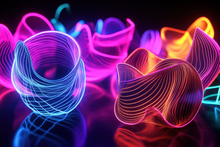 Colorful neon light trails twist and turn into an abstract display, creating a captivating visual effect.の写真素材