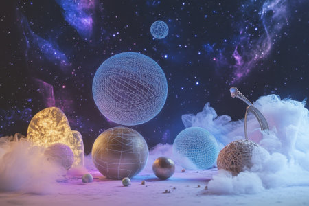 Glowing spheres and intricate shapes float among clouds in a cosmic setting filled with stars and colors.の写真素材
