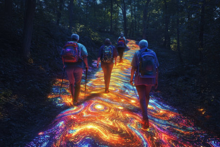 Hikers stroll along a glowing trail surrounded by trees under a starry sky during dusk.の写真素材