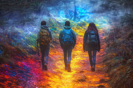 Three friends walk along a colorful forest trail, surrounded by vibrant colors and nature's beauty.の写真素材