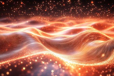 Glowing waves of light undulate through a dark space, sparkling with vibrant colors and creating a mystical atmosphere.の写真素材