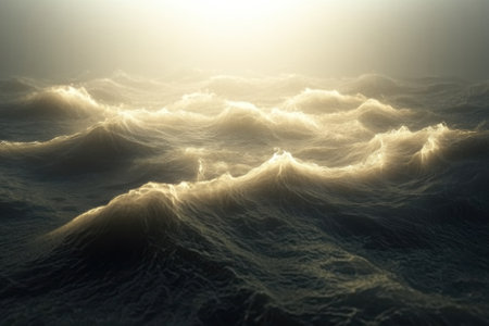 Waves roll gently in the ocean, reflecting warm light as the sun sets on the horizon.の写真素材