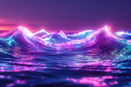 Luminous waves create a stunning display of colors as the sun sets over a tranquil ocean horizon.の写真素材