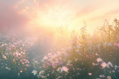 Bright sunlight filters through mist, illuminating a vibrant field filled with colorful wildflowers at dawn.の写真素材