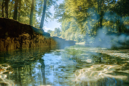 Clear water reflects sunlight as trees stand tall along the riverbank, creating a peaceful atmosphere.の写真素材
