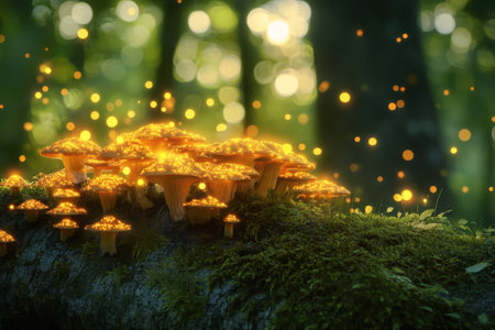 Golden mushrooms emit soft light among lush greenery in a serene forest at dusk.の写真素材