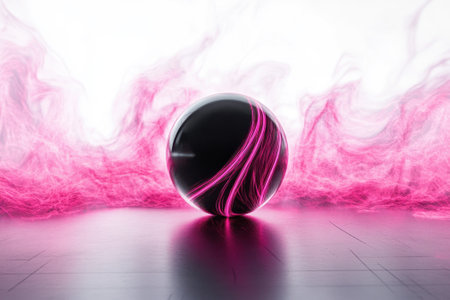 A black sphere is illuminated by pink light trails, creating an ethereal backdrop filled with motion.の写真素材