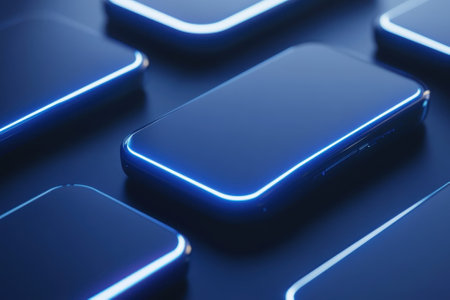 Several modern devices with glowing blue edges arranged on a dark surface showcase innovative design trends.の写真素材
