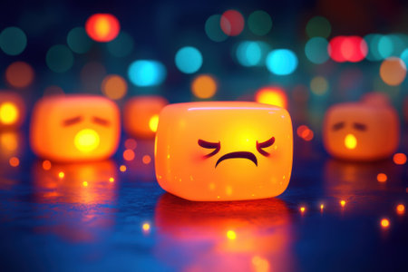 Glowing orange cubes with different faces shine against a bokeh background, creating a whimsical vibe.の写真素材