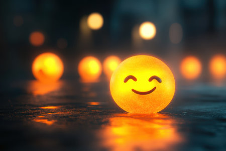 Cheerful yellow orbs radiate warmth and joy amidst a rainy urban environment at night.の写真素材