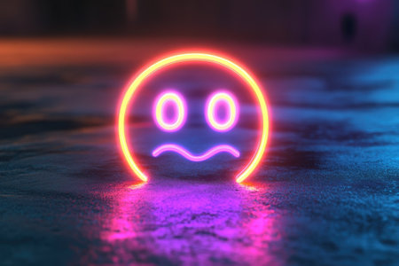 A neon sad face symbol is illuminated on a wet surface, creating a captivating glow in an urban setting at night.の写真素材