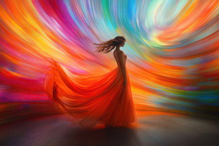A silhouette dances gracefully, wearing a flowing orange dress, surrounded by a whirlwind of colorful patterns.の写真素材