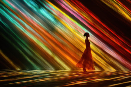 A woman stands gracefully in a colorful display of light and shadow, creating a vivid artistic atmosphere.の写真素材