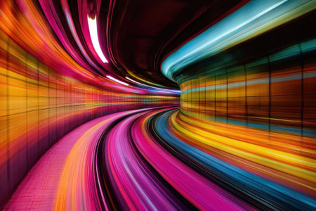 Vibrant colors swirl around a curved tunnel, suggesting movement and energy in a cityscape at night.の写真素材