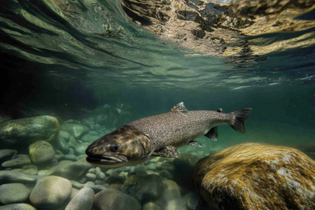 Trout glides gracefully through a clear river, surrounded by smooth stones and a rocky bottom.の写真素材