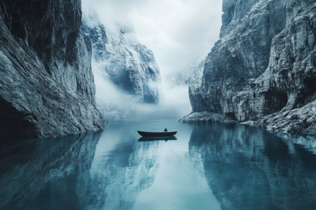 A lone boat floats on calm waters, reflecting towering cliffs and enveloped in soft fog.の写真素材