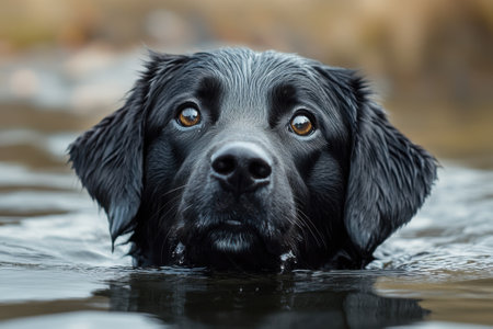 A black dog with wet fur is swimming in clear water, enjoying a peaceful moment in nature during the afternoon.の写真素材