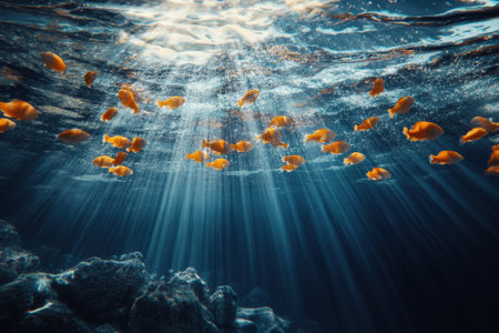 Orange fish swim gracefully in clear blue water as sunlight filters through waves, creating a tranquil atmosphere.の写真素材