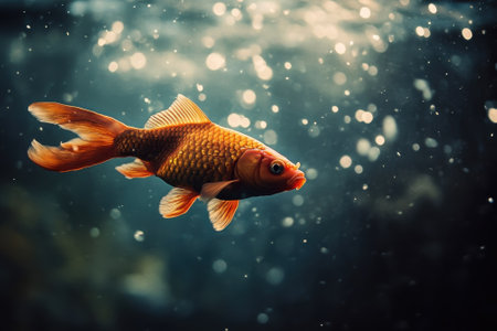 A golden fish glides through clear water surrounded by shimmering bubbles and light reflections.の写真素材