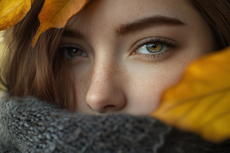 A young woman with green eyes in a cozy scarf is surrounded by vibrant autumn leaves, capturing the season.の写真素材