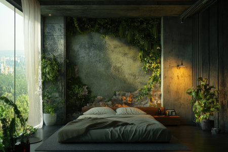 This stylish bedroom features a cozy bed, green plants, and a large window with a view of the landscape.の写真素材