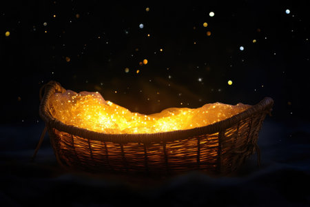 A woven basket overflows with bright, shimmering lights, creating a magical atmosphere in darkness.の素材