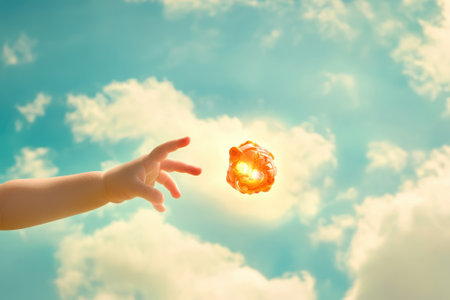 A child's hand extends towards a bright, glowing orb against a backdrop of fluffy clouds and blue sky.の写真素材