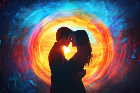 A couple shares a tender moment, silhouetted against a swirling, colorful cosmic backdrop filled with vivid hues.の写真素材