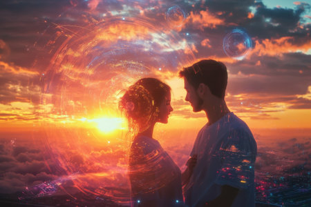 Two people share a moment of connection as they enjoy a stunning sunset, enveloped in a surreal atmosphere.の写真素材