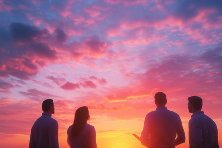 Four friends gather on a beach, admiring a vibrant sunset filled with colorful clouds and calm waters.の写真素材