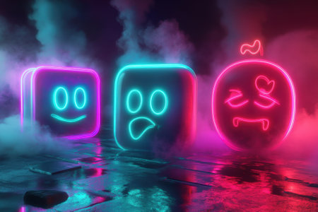 Three vibrant neon emotion icons glow against a dark background, surrounded by colorful fog and reflections.の写真素材