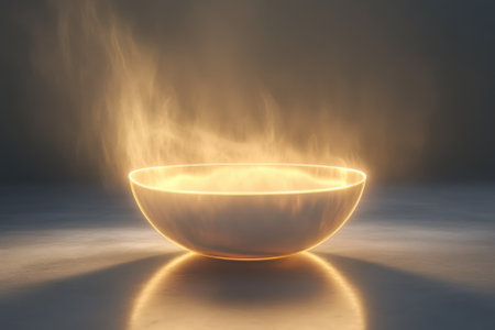 A warm bowl of soup releases steam, glowing softly in a tranquil environment, creating a peaceful atmosphere.の写真素材