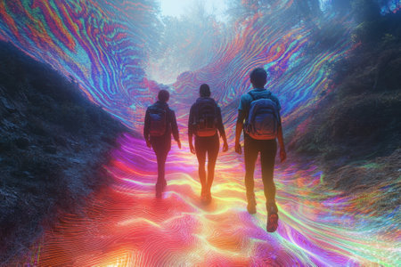 Three hikers walk together on a colorful trail in a misty forest, surrounded by enchanting hues and patterns.の写真素材