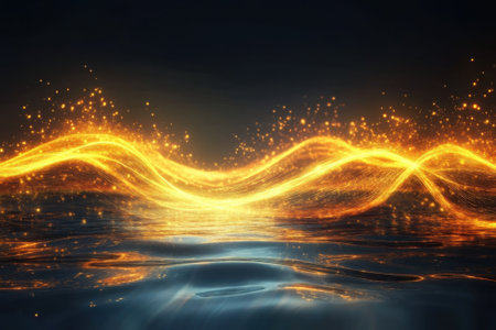 Glowing waves ripple over a tranquil water surface, creating a mesmerizing nighttime display of light.の写真素材