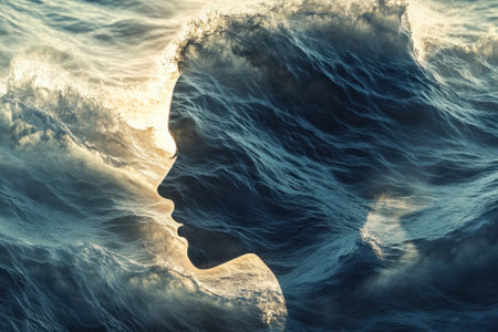 A silhouette of a woman's profile emerges from tumultuous ocean waves reflecting the warm glow of sunset.の写真素材