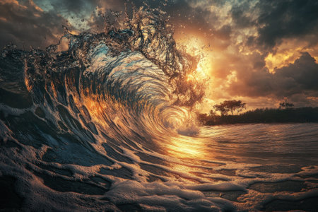 Powerful ocean wave curls majestically as the sun sets, illuminating the water and sky with vibrant colors.の写真素材