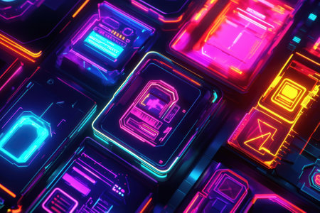 Bright neon lights illuminate a complex circuit board design, highlighting modern technological elements.の素材