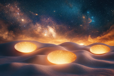 Glowing orbs emerge from sandy dunes beneath a vibrant star-filled sky at dusk.の写真素材