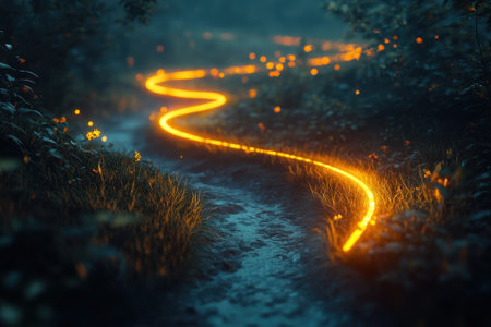 A winding river glows softly through a tranquil forest, surrounded by lush greenery at twilight.の写真素材